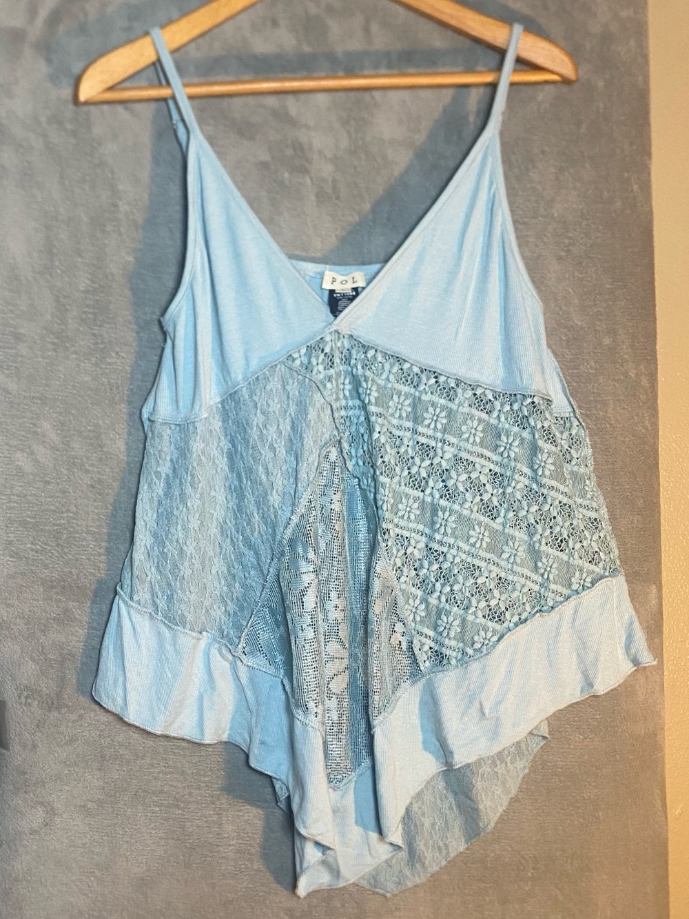 POL Light Blue Lace-Panel Spaghetti Strap Camisole size large Lagenlook boho